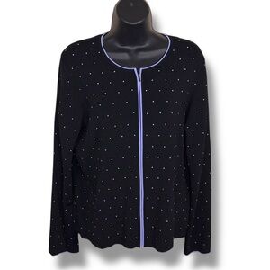 Vintage Large David Brooks Cardigan Sweater Black Lilac Light Purple Dots